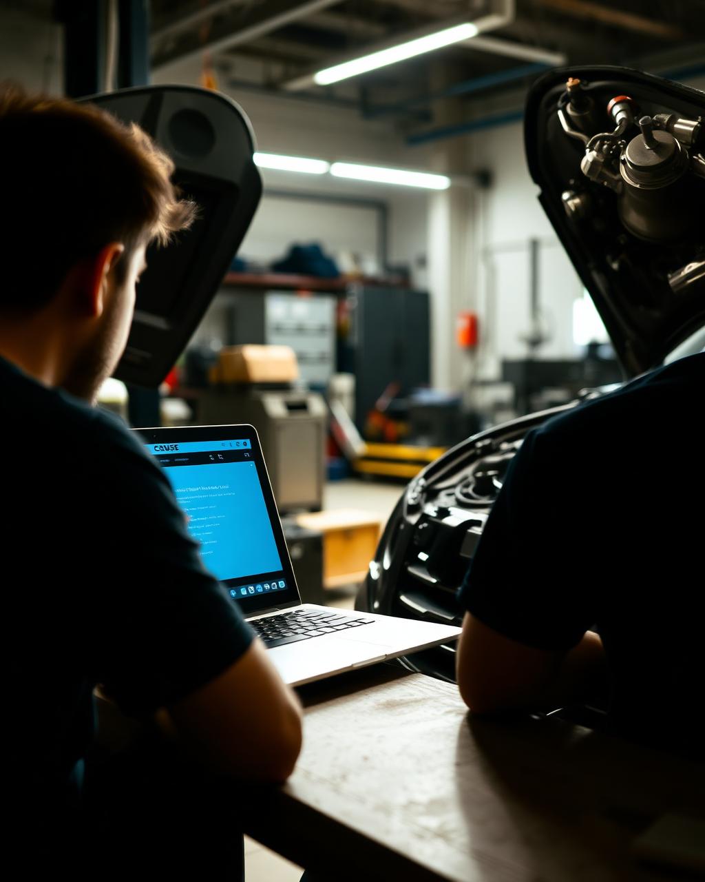Estudiante tomando un curso online de mecánica automotriz junto a un motor